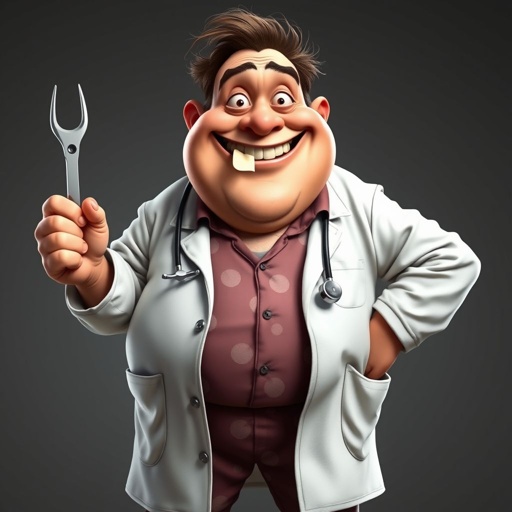 .. create a fat doctor. Who is funny human looking from head to toe. And he always immediately results to surgery for anything even small things. So please be sure to show his whole outfit head to toe. Make him have 1 tooth. Make it more adult humor instead of cartoon humor.
