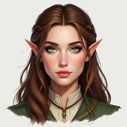 A female Elvish ranger who has long brown hair and bright green eyes she has porcelain white skin 