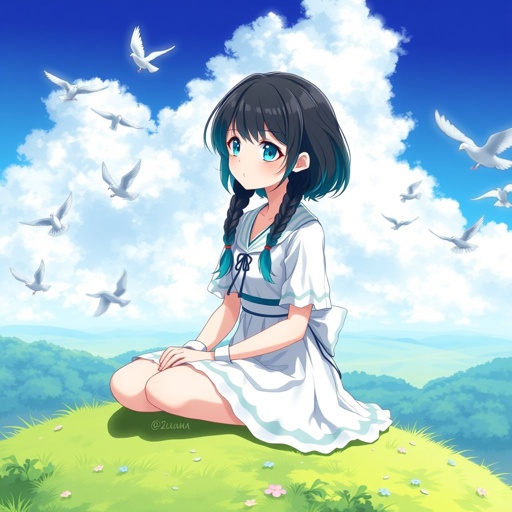 A young female with fair skin and vibrant teal eyes. Black hair with cyan tips in the form of two short braids. Wearing a goddess two-piece outfit (top and trousers) sitting on a hill watching pigeons fly from a very far distance