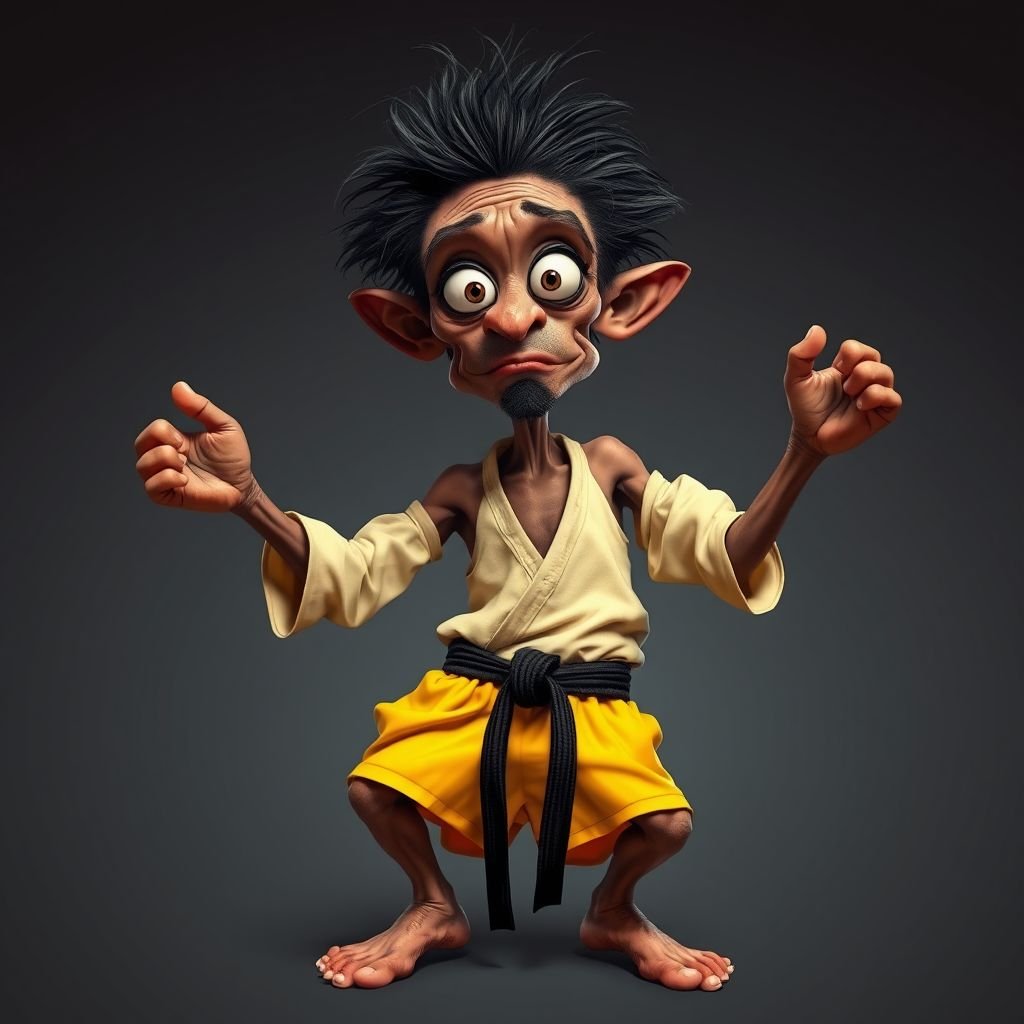 Create a character who looks like a funny African karate guy who doesn’t have a clue what he is doing. Make him have weird toes, only speedos on and a black karate belt. Make him tal skinny and slinky.
