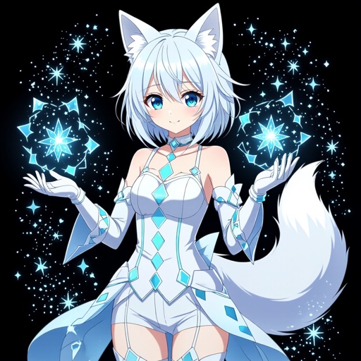 A pale teenage girl. Aqua green eyes wearing a white top and trousers with light blue diamonds. Short white hair with a singular snow fox tail and two ears. Wears long gloves and boots conducting ice with a black background