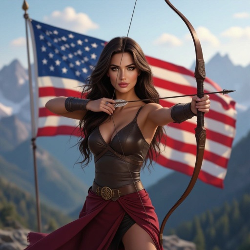 women long brown hair and brown eyes with a long bow in the mountains with the USA flag and USMC marine flag 