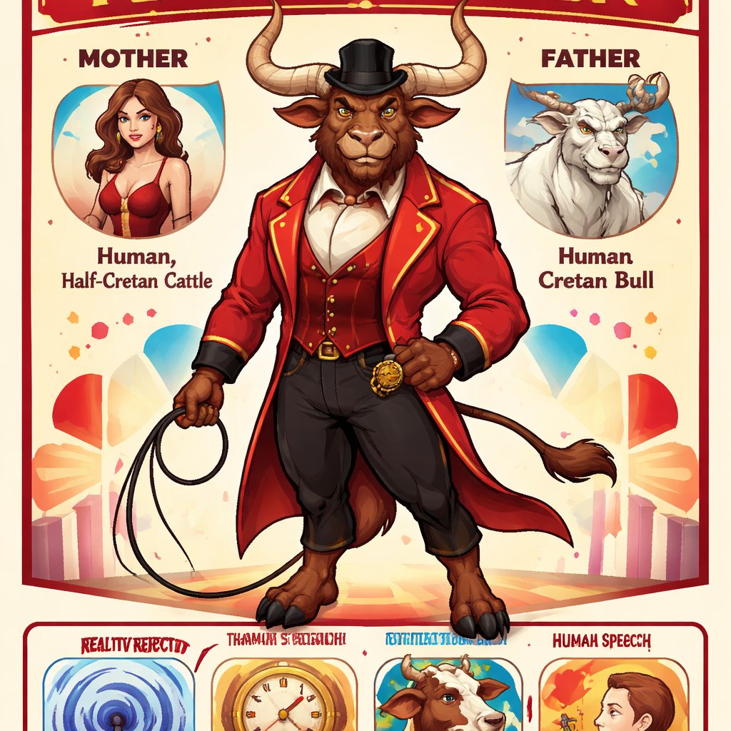 A male chestnut brown Minotaur with deep set cattle like brown eyes, large powerful gleaming horns like his fathers, a well~proportioned figure/body at lest 6 foot tall, long tail. He works at freak show as the ringmaster and his abilities are Reality Rejection, Time Manipulation (Chronokineses), Zoolingualism (Language of Cattle only), Human Speech. His mother is a human with half-animal (Cretan Cattle) physiology and his father is a Cretan Bull.