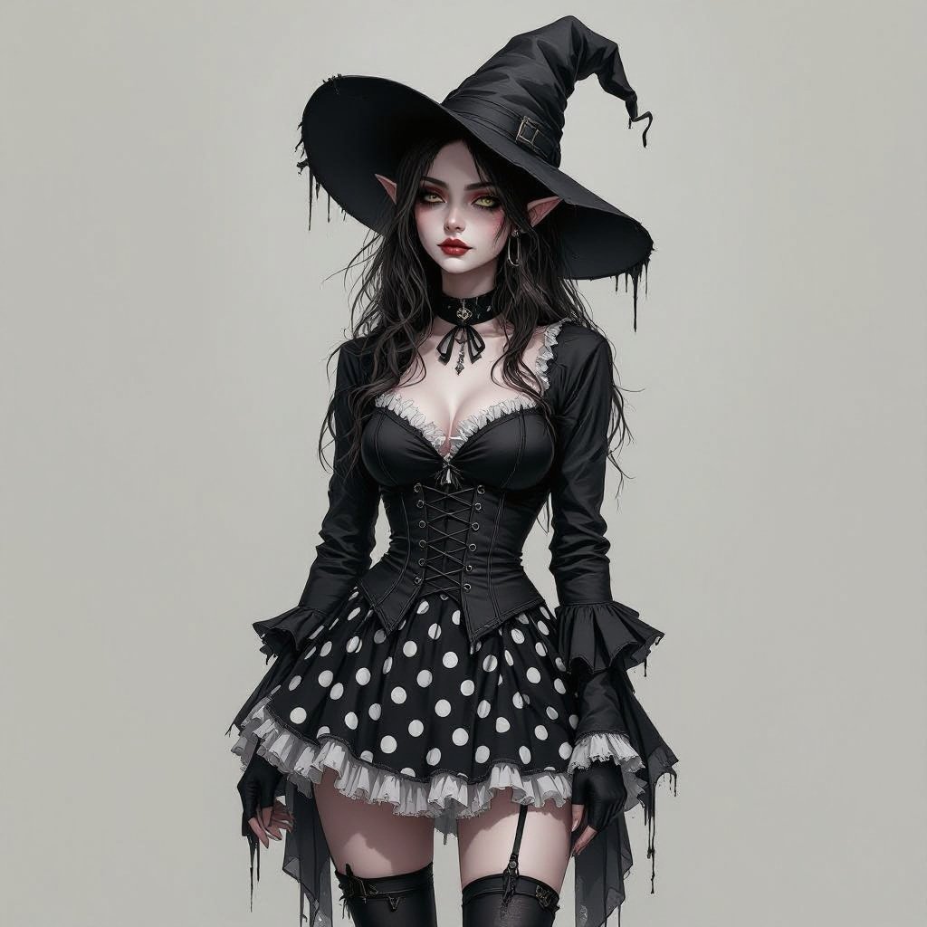 Brunette witch elf in a damaged tight black and white polka dot mini skirt and witches hat. The outfit had seen wear and tear