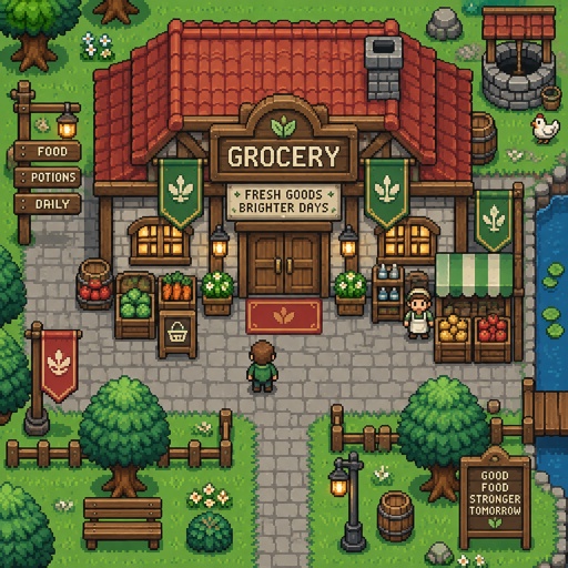 Grocery store for a fantasy game set in modern times, exterior, top down style, shading and highlights