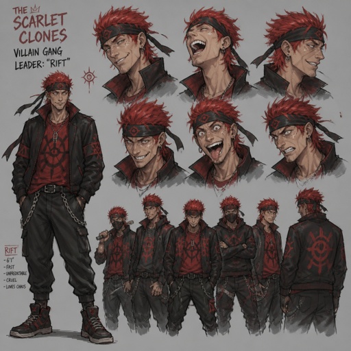 Male Villian, red hair, headband, crazy, gang, multiple of the same character