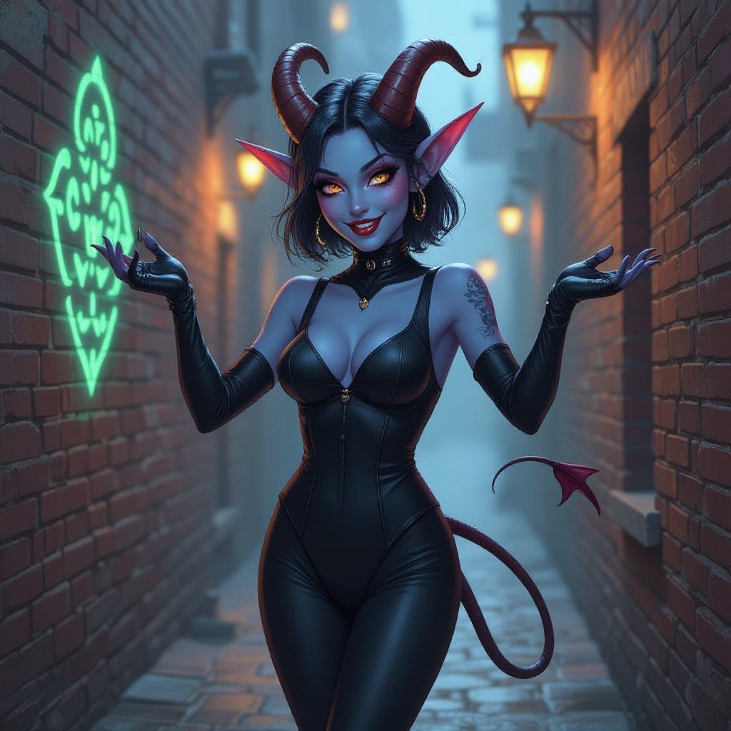 AN ALLURING TIEFLING MIME IN TIGHT FITTED MIME OUTFIT