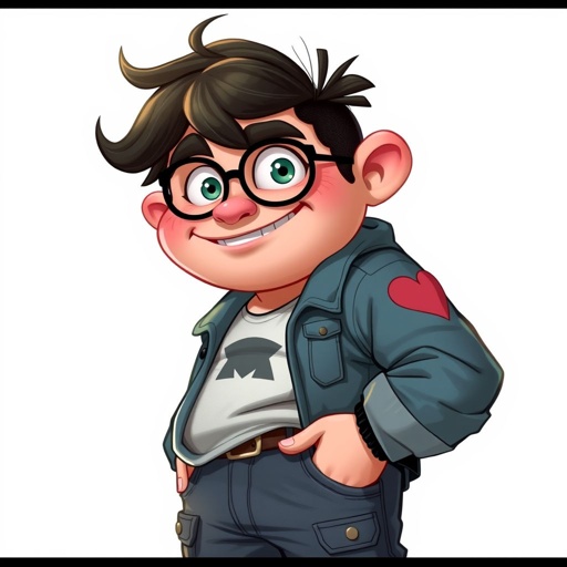 Create a adult character head to toe who is chunky , funny looking but swears he’s a lover boy.
