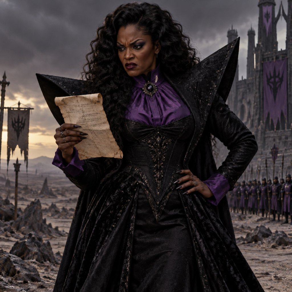 Evillene is a beautiful,African American version of the wicked witch of the west. Her personality:tyrannical.She is cruel and demanding.She despises bad news. She wears the black dress with a purple shirt and her shoulders are massive and sharp and she doesn’t wear a witch hat and she rules over the Winkie country