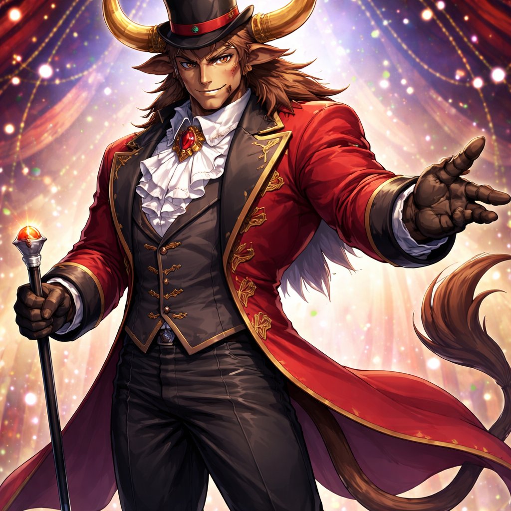 A captivating chestnut brown male Minotaur that’s 6 1/2 feet tall with well~proportioned figure/body with deep set cattle like brown eyes, large powerful gleaming horns like his fathers, a long tail. He works at freak show as the ringmaster and his abilities are Reality Rejection, Time Manipulation (Chronokineses), Zoolingualism (Language of Cattle only), Human Speech. His outfit consists of a crimson tailcoat, frilly shirt, stunning grey blazer, black pants and top hat. His face surely looks like a cross between a human and a Cretan Cattle. His mother is a human with half-animal (Cretan Cattle) physiology and his father is a Cretan Bull.