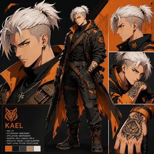 Male, 24, short white ponytail shaved side hair, serious , mercenary clothes, wolf tattoo on hand, orange 