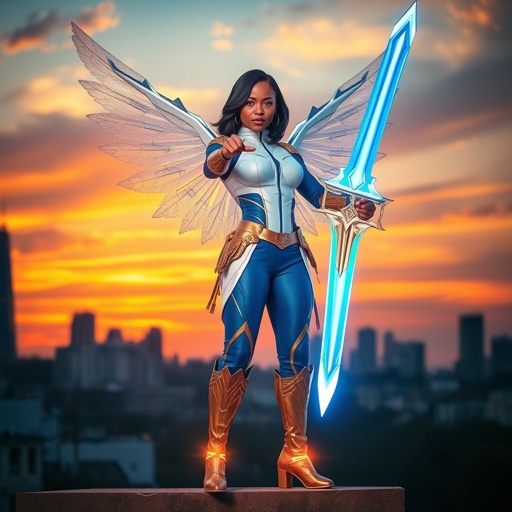African American female superhero with shoulder length hair in a side part style and holographic wings wearing a homemade white and blue suit with gold accents and blue pants with a stylized V as her chest emblem wearing gold flat boots  made of gold fire holding a large glowing broadsword in one hand standing in Philadelphia at dusk