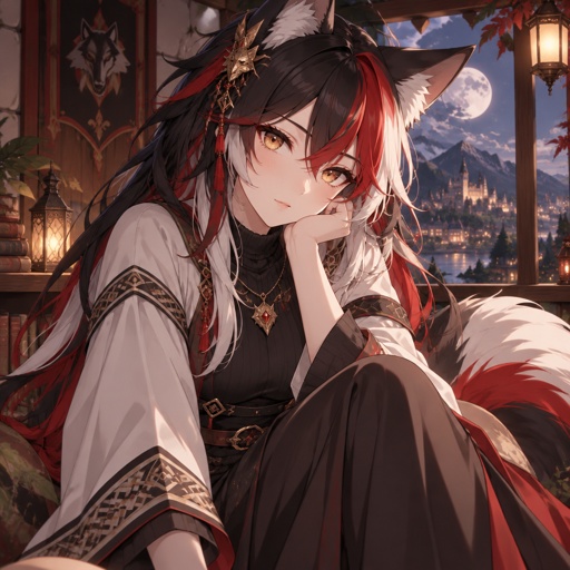 Wolf furry, modest clothes, beautiful, golden eyes, red white and black hair, beautiful 