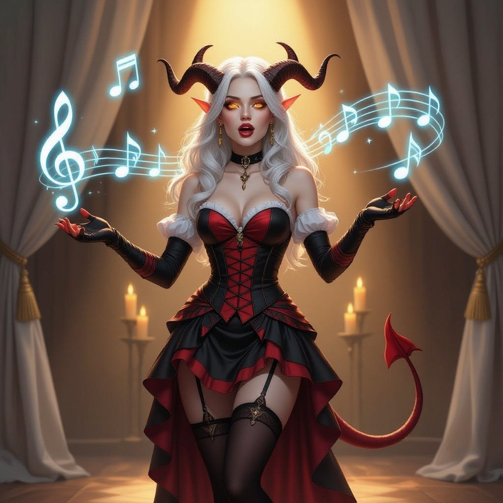 A semi-realistic fantasy portrait of Evangeline Ivey, the Fierna Tiefling Bard of the College of Glamour, captured mid-performance on her candlelit stage.  She stands full-body beneath soft golden light, ivory curtains draped behind her, and glowing blue musical notes spiraling through the air as if alive with her magic. Her porcelain-pale skin (#F3EDEB) gleams in the warm light, contrasting against her long silver-white hair (#D6D6DA) cascading around her shoulders. Her amber-gold eyes (#C88C21) are wide with theatrical expression, her mouth open in mid-song or gasp. Dark brown ridged horns (#4A3A2C) curve elegantly from her brow, and her pale devil’s tail curls behind her, tipped red-and-black like an exclamation mark of performance.  Outfit — “Infernal Mime” Parody Costume: • Black-and-deep-red striped bodice with suspenders and gold buckles • Short flared skirt trimmed with faint gold edge • Matching striped thigh-high stockings and long fingerless gloves • Red silk neck scarf tied neatly at her throat • Black heeled shoes and beret with her horns peeking through  Scene & Lighting: Warm candlelight and soft shadows create a theatrical glow across the stage floor and her form. The air is alive with faint magical motes shaped like music notes, curling around her in shimmering blue light.  Mood & Expression: Expressive, whimsical, and dramatic — a parody of classic mimes infused with bardic flair. Evangeline’s pose is mid-gesture, both hands raised as if she’s frozen between song and spell, her eyes alight with mischievous emotion and glamourous command.