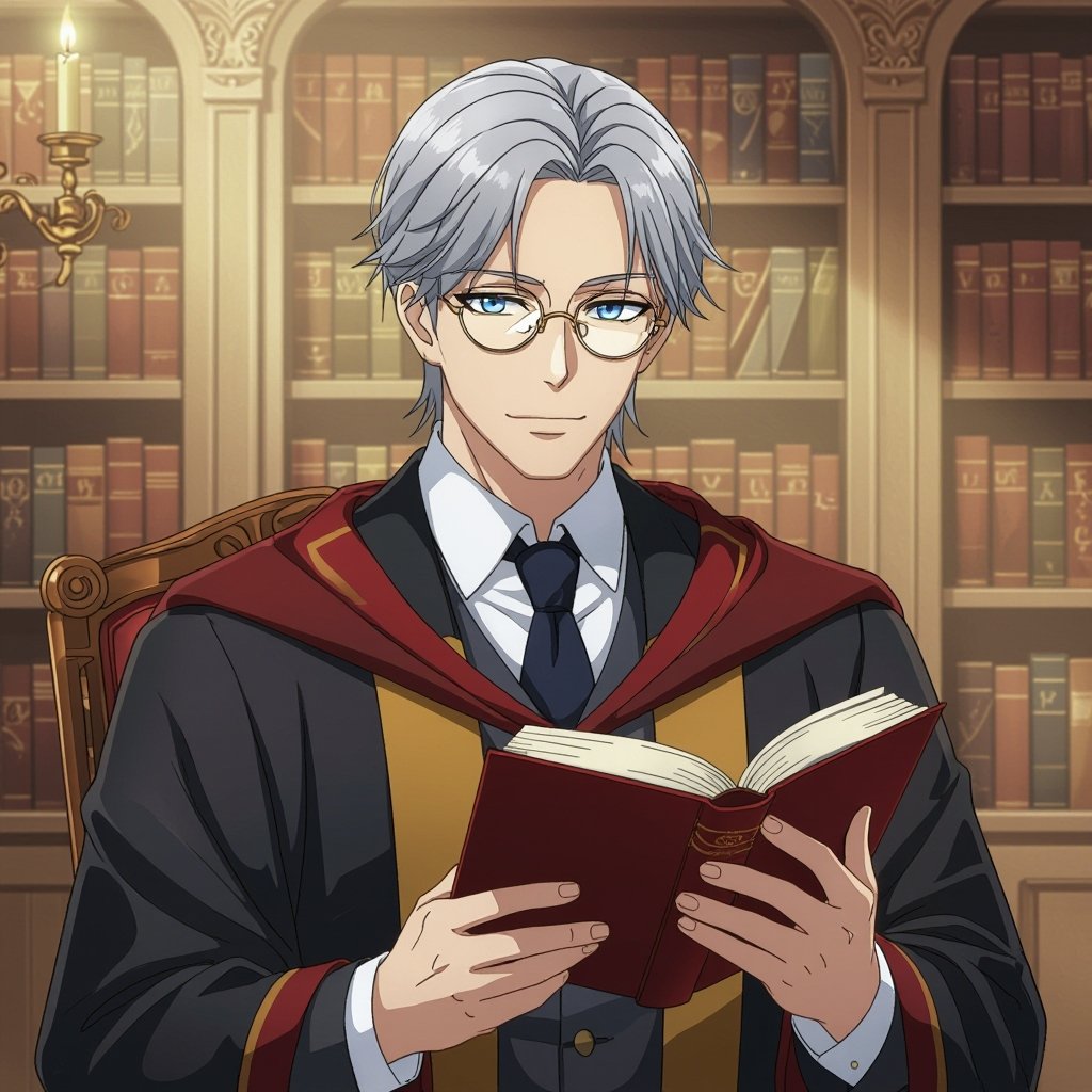 Male Librarian, Monocle, Wearing a suit under a scholar's robe, holding a book, Gray hair, old man, human