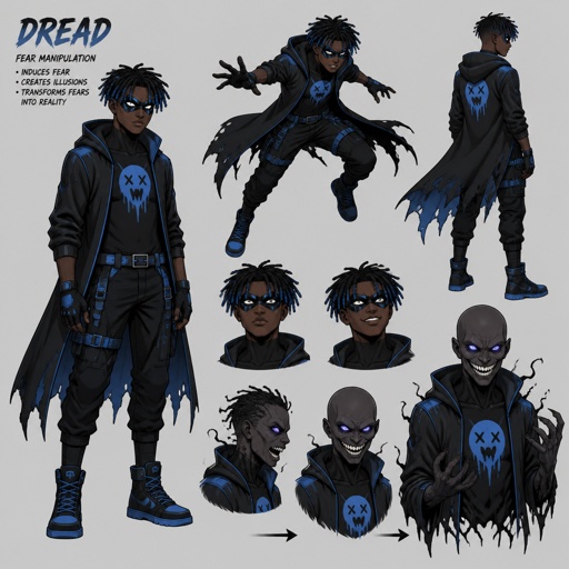 Male superhero with fear manipulation, cool costume, can transform into a terrifying humanoid sharp teeth big smile no hair, mask, African American, teenager, dreads blue tips, multiple of the same character 