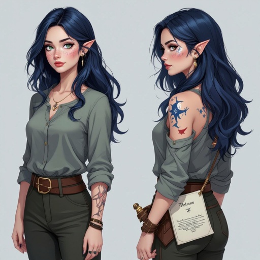 Hair:Dark Blue into Black waist length  hair Facial features: star freckles, eye brow scar on right side( closest to the nose), crescent moon birthmark behind the left ear - close to the lobe Eyes: Grey Body Type: Hourglass Height: 4’8 Preferred outfit: Long Sleeve Shirt and Pants Other: 	•	Scars on arms, back, and legs 	•	Burn marks on back and arms 	•	Draco Constellation on right shoulderblade 