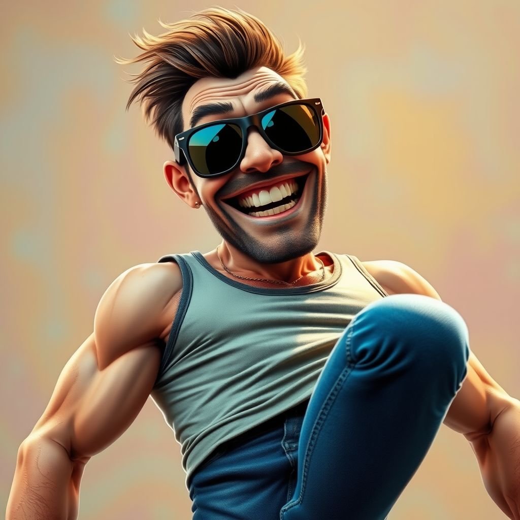 Create a funny looking man who’s jeans and tank top is so tight head to toe