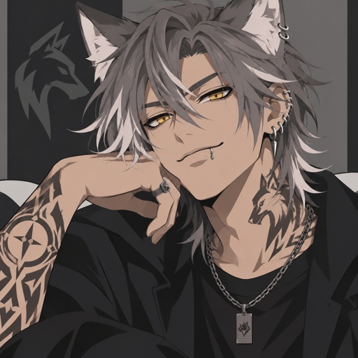 Male,he only has wolf ears he does not have human ears no human ears just wolf ears,gray hair with white tips hair that goes done to neck hair set a little bit on face slightly messy,yellow eyes,strong,lip and ear piercings,tattoos on neck and arms,a smile that could steal the ladies,with a smug and chill attitude,can be scary but is usually very nice 