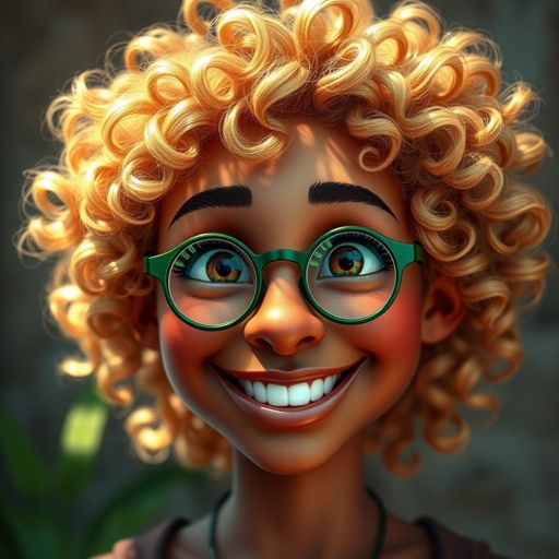Brown skin , blondeish whiteish curly hair , round green glasses, smiling