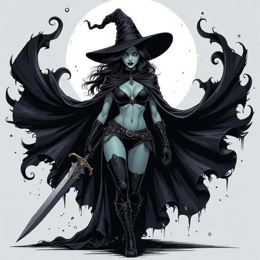 sexy shadow demon witch gypsy slate grey skin large black billowing cloak that emits darkness and shadow. Two piece. Witches Hat.  Wields Flamberge