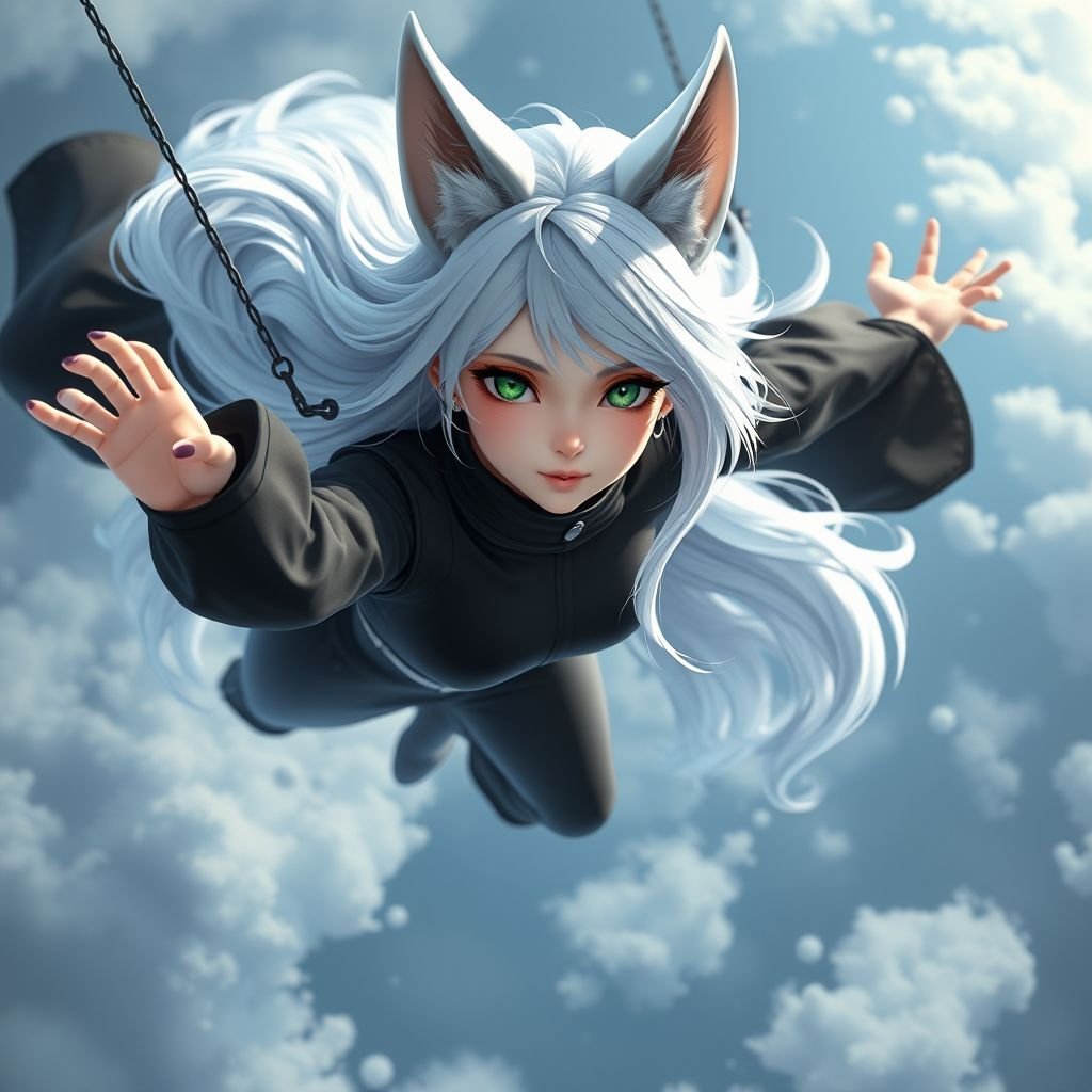 A young pale female with white hair and fox ears and emerald eyes wearing a black attire falling from the sky