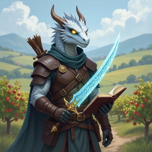 White dragonborn male wearing a leather tunic. He carries a blue and gold dagger. Strapped to his belt is a spell book. In the background there is rolling hills and an orchard.