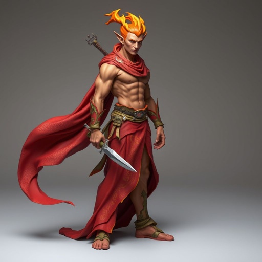 Create handsome hero Rhen the Fire – A lean, muscular man. He wears layered, flowing desert robes dyed in warm reds and golds, with scorch marks where flames have licked them. A curved blade hangs at his hip. Show whole body head to toe including her shoes.