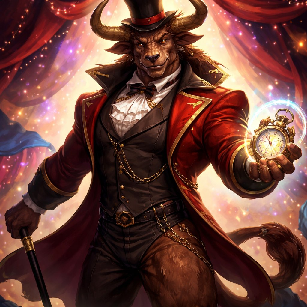 A male chestnut brown Minotaur with deep set cattle like brown eyes, large powerful gleaming horns like his fathers, a well~proportioned figure/body at lest 6 foot tall, long tail. He works at freak show as the ringmaster and his abilities are Reality Rejection, Time Manipulation (Chronokineses), Zoolingualism (Language of Cattle only), Human Speech. His mother is a human with half-animal (Cretan Cattle) physiology and his father is a Cretan Bull.