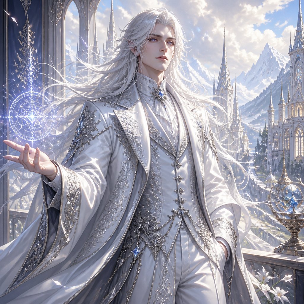 Man with white hair and eyes wearing Fancy white suit with long jacket and silver lining