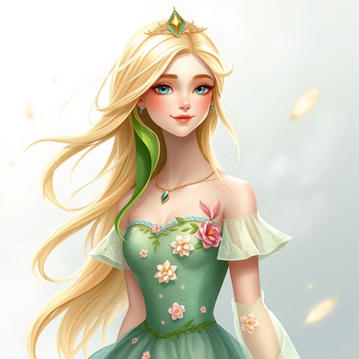 A teenage princess of earth with blonde hair and a green strand in her hair
