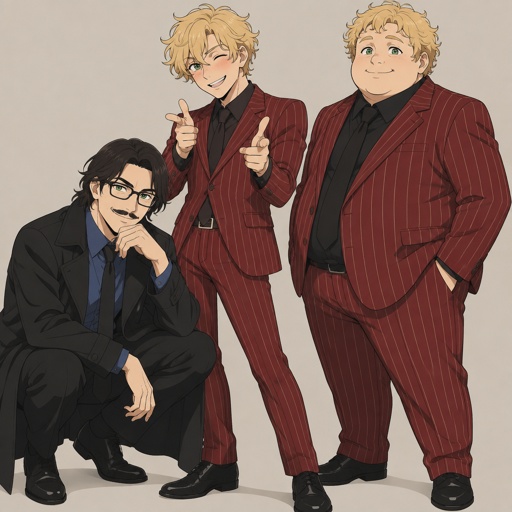 Male, crouching, green eyes, mustache, neck length black hair, neat hair, black glasses, black trench coat, blue shirt, smiling, male blonde curly hair, green eyes, blush, red pinstripe suit, doing finger guns, male, blonde curly hair, green eyes, fat, red pinstripe suit, hands in pockets, smiling
