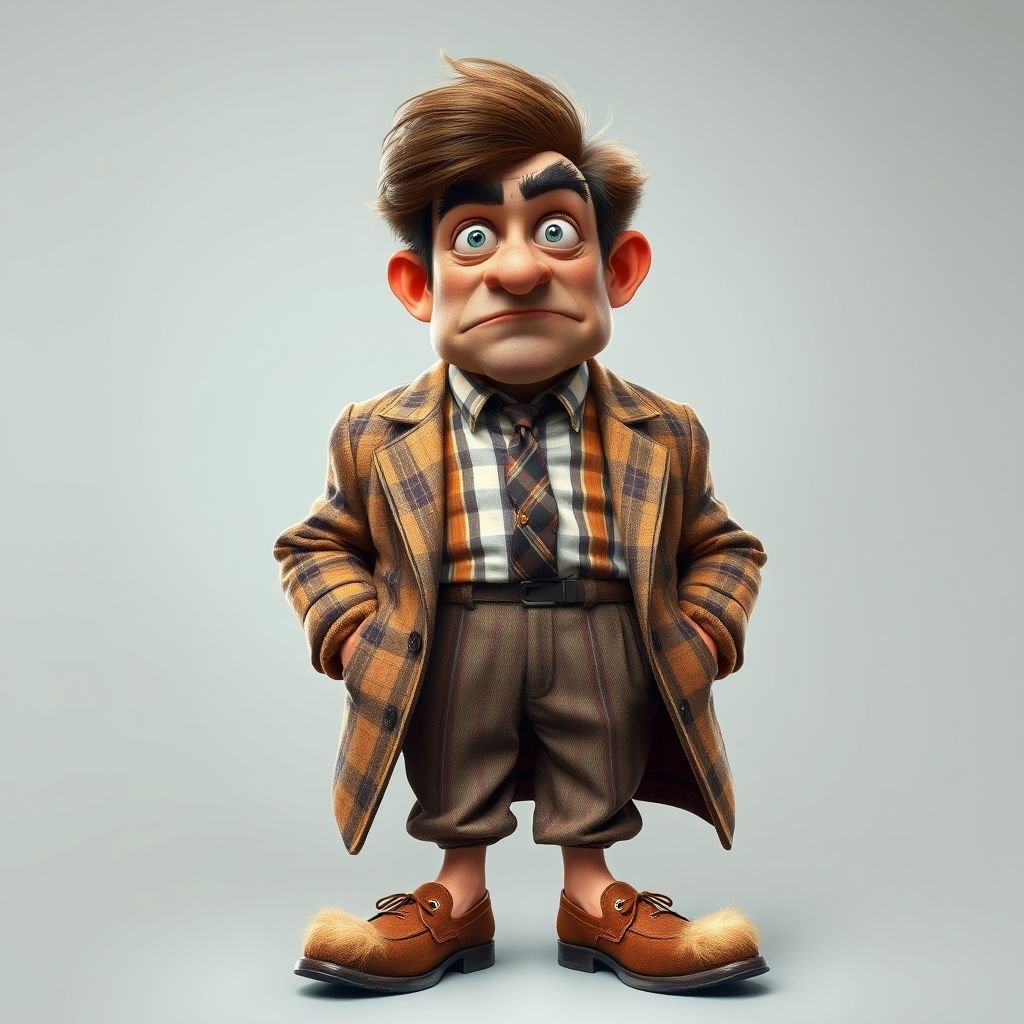 Create a funny looking serious man in the world, with a not so stylish outfit head to toe