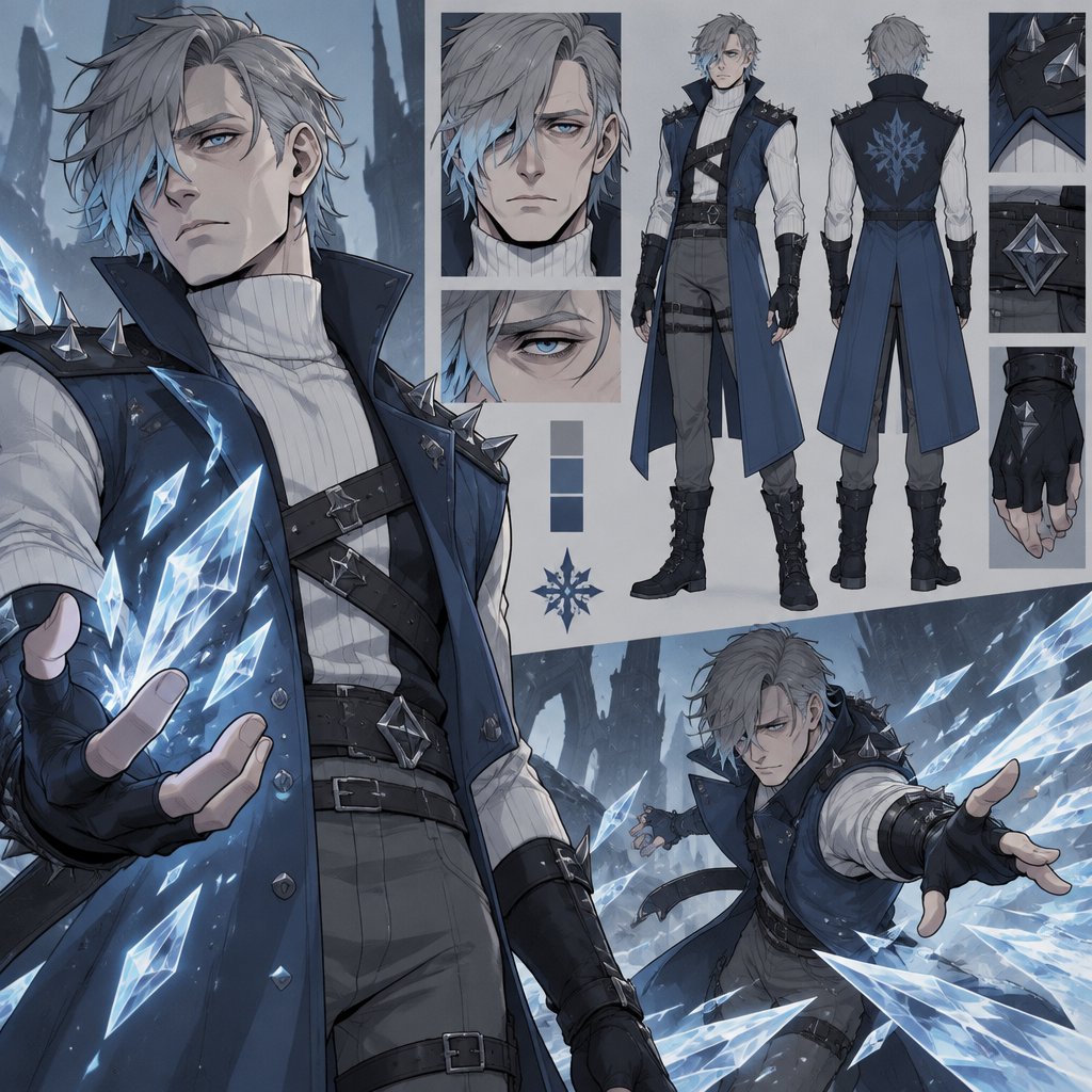 Male, pale, pale blue eyes, eye bags, short grey choppy hair with light blue tips hair covering one eye, white turtle neck long sleeves , blue sleeveless short trench coat, long fingerless gloves, grey pants, belts across chest, spiked on shoulders, 35, clean shaven, ice powers,
