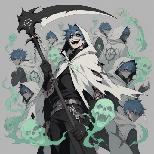 Male superhero with the ability control green spirits, crazy, blue hair, white cape with hood, black eyes, scythe, multiple of the same character 