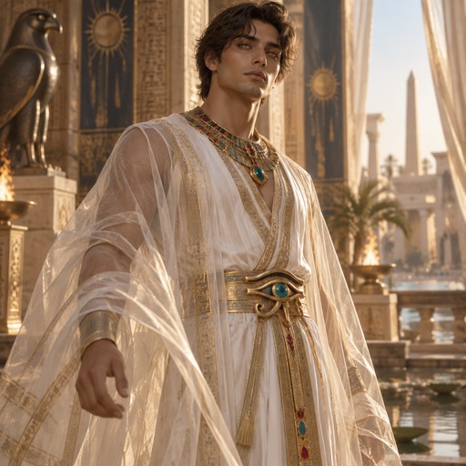 A 27 year old preist in white robes with a necklace of gold, turquoise and ruby, they have a clear fabric over their body. They have dark brown hair, golden eyes and an eye of ra on their belt