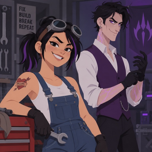 Female, freckles, 18, side ponytail black hair with purple strips, mechanic goggles, white shirt no sleeves no cleavage showing, Jean suspenders, black work gloves, big smirk, eyebrow piercing, red heart with an arrow going through it with the word mom on the heart tattoo on right shoulder, Male, slim, black messy hair, back hair, brushed side hair, strands of hair in the middle of forehead, ear piercing ring, gloves, purple glowing veins, purple vest, white shirt, no facial hair, bad guy, father and daughter 