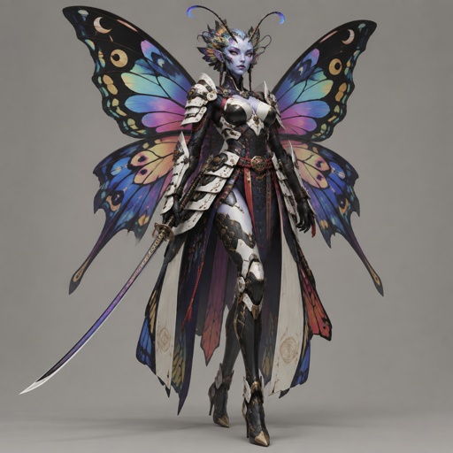 A gorgeous multi colors alien butterfly woman in a futuristic space samurai armor. Show whole body. 