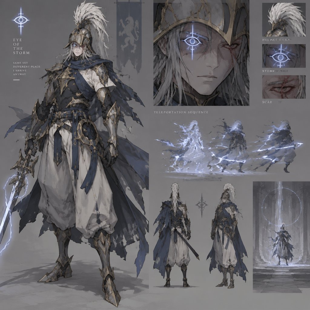 lightning knight, plume helmet, grey hair, eye of the storm mark, baggy pants, scar eye, teleportation ability