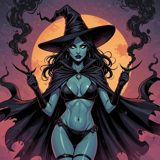 sexy shadow demon witch gypsy slate grey skin large black billowing cloak that emits darkness and shadow smoke. Two piece. Witches Hat.  Wields Black Evil Shadow Smoke Daggers