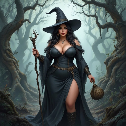 A full body portrait of a curvey plus size witch with long hair and a very dark graywitch hat that matches with her dress, with a small wand in her hand, standing in a rotting forest