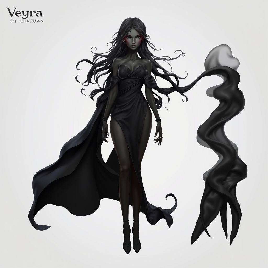 Create character hero Veyra of Shadows – A lithe, mysterious dark complexion woman draped in layered black silks that move like smoke around her. With jet-black hair. Show her whole body head to toe including her shoes.