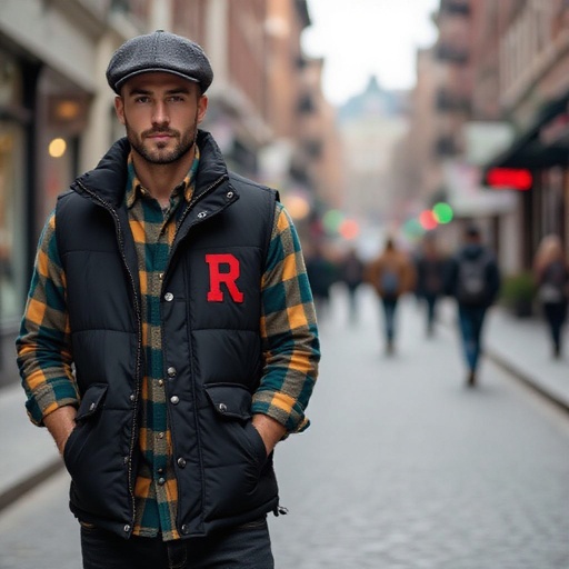 Man in black and light Grey puffer Vest . A Teal and Yellow Flannel underneath. He wears a dark grey leather flat cap with a Red R that’s been slashed on the vest and Cap. Black denim jeans and dark grey combat boots