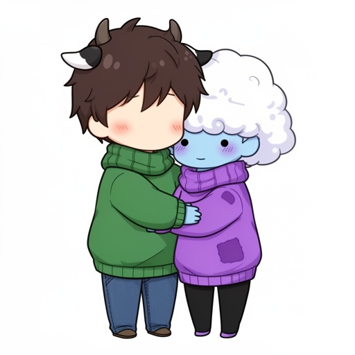 Two characters hugging wearing matching sweaters. The boy has a green one and the girl has a purple one. The boy has dark brown hair, small horns and cute cow ears. He is a little taller than the girl and usually has a blank expression but blushes a lot around her( he is also wearing jeans) the girl is wearing a matching purple sweater ( both are oversized) , her skin is blue with purple patches and she has a soft cloud shaped poof of white hair that covers her eyes. She is also wearing black leggings.  She has cute blushing cheeks and two small black dots on each . One vertical and the other horizontal. A purple patch covers half her face. 