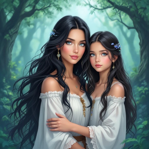 Older Mother and almost teenage daughter with black hair and bleu eyes