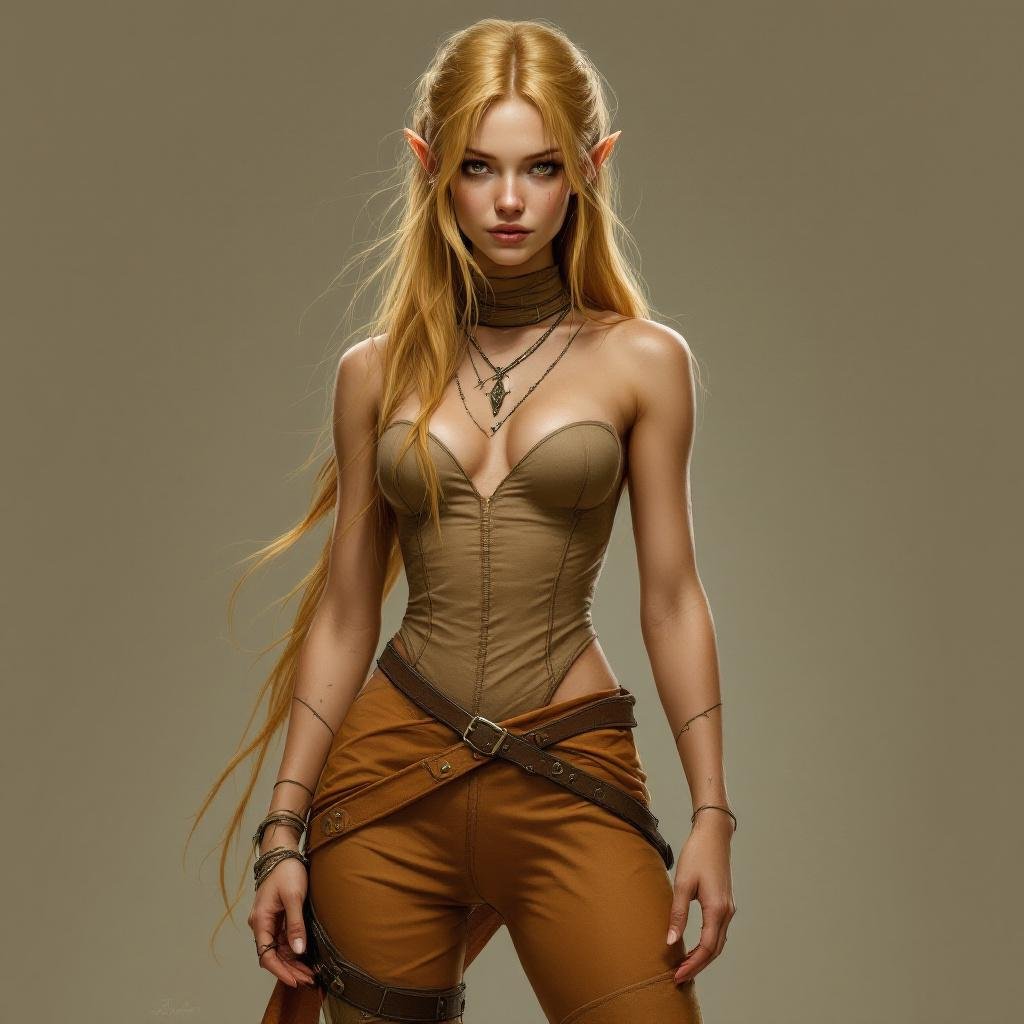 Strawberry Blonde High Elf Assassin in a Sepia and Ochre Fitted Tight jumpsuit. No tattoos