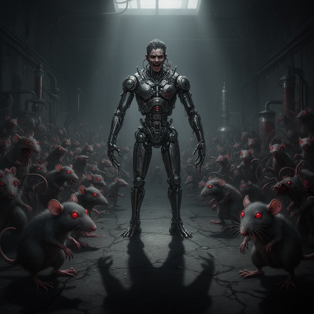 Dr. Lun Tic, a man with a chilling, metallic body. He commands an army of twisted lab rats, their eyes glowing red in the dim light.