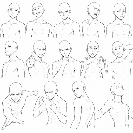 Different face expressions male thin half body drawing base, dynamic, bald, head face expressions