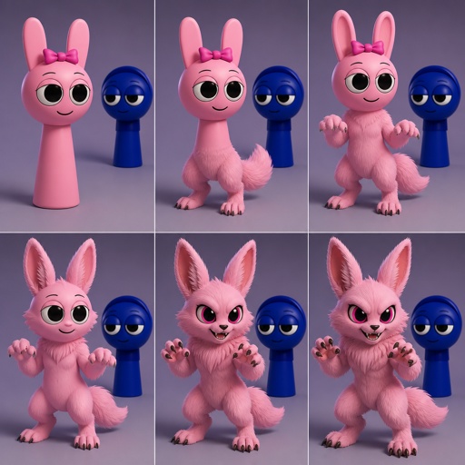 Pinki from sprunki starting to turn into her kind Wererabbit self in front of Jevin from sprunki with her legs and tail transforming and then her arms and then her ears and her neck gets fluffy and then she’s fully transformed with her eyes being black and pink