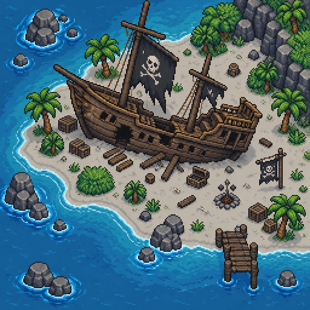 Abandoned pirate ship on island for a fantasy game set in modern times, top-down style, side view